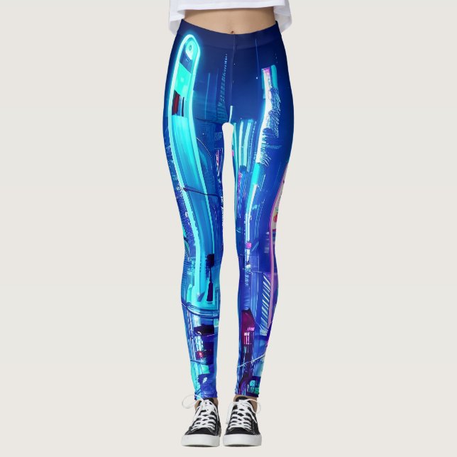 Cyberpunk Futuristic Neon City Leggings (Front)