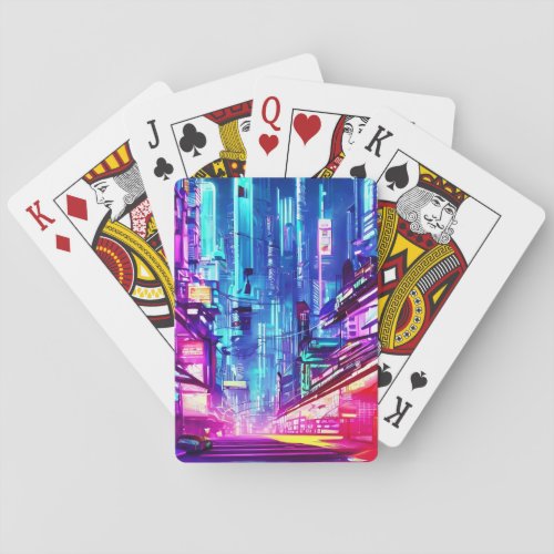 Cyberpunk Futuristic Neon City Playing Cards