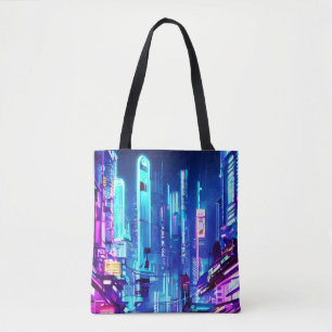 Cyberpunk Futuristic Neon City Tote Bag