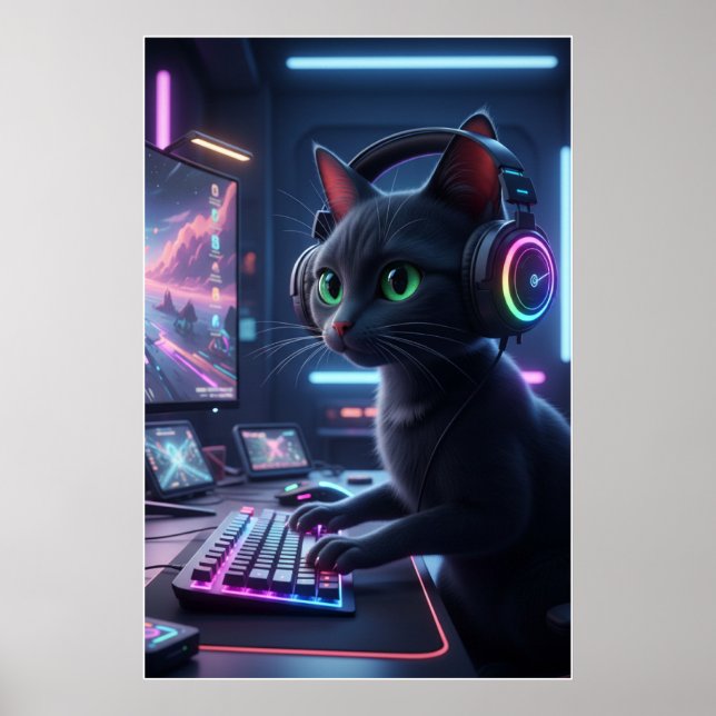 Cyberpunk Gamer Cat Art Poster (Front)