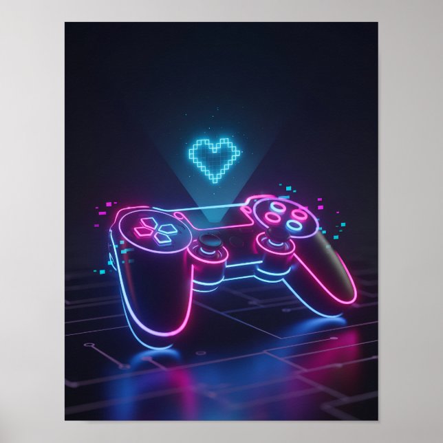 Cyberpunk Gaming Controller – Neon Pixel Heart Poster (Front)