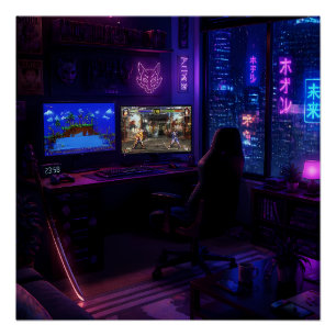 Cyberpunk Gaming Setup Neon Room Aesthetic Art Pos Poster