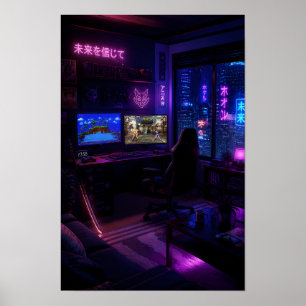 Cyberpunk Gaming Setup Neon Room Aesthetic Art Poster