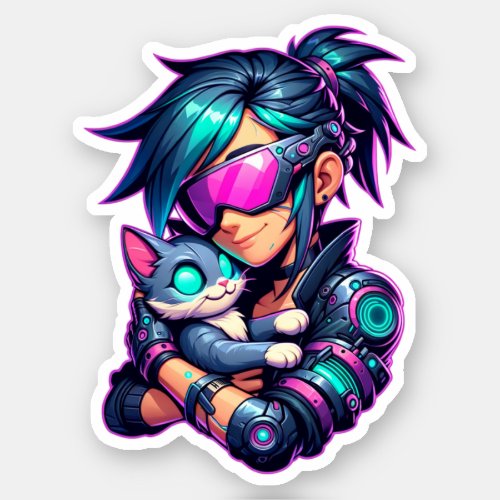 Cyberpunk Girl and Cat Sticker