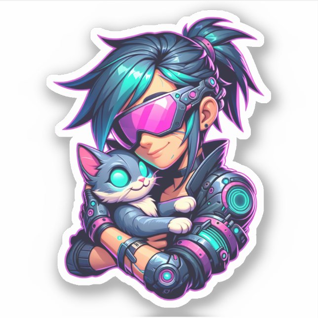Cyberpunk Girl and Cat Sticker (Front)