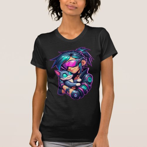 Cyberpunk Girl and Cat T_Shirt