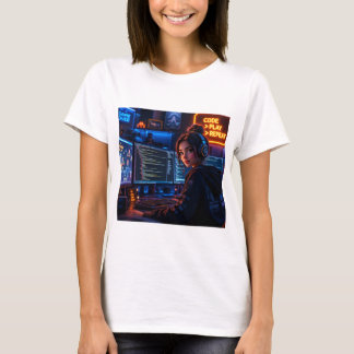 Cyberpunk Girl Coder T-Shirt - Neon Gaming Aesthet