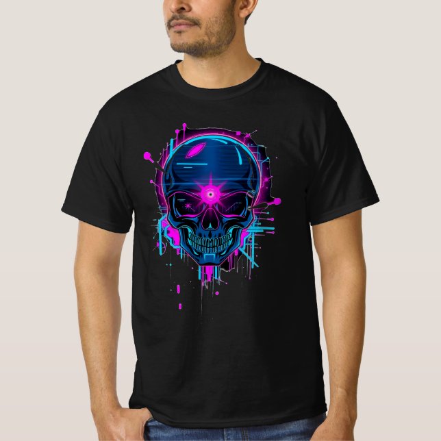 Cyberpunk Glitch Skull Art T-Shirt (Front)