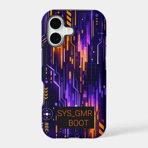 Cyberpunk Glitch Tech Badge Neon Orange Gaming iPhone 17 Case