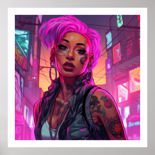 Cyberpunk Goddess Vibrant Cityscape Empowerment Poster