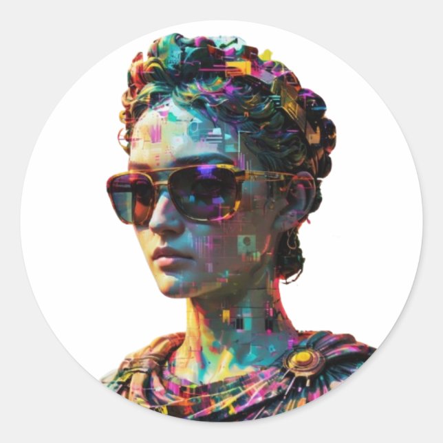 Cyberpunk Greek Statue – Vaporwave Aesthetic Stick Classic Round Sticker (Front)