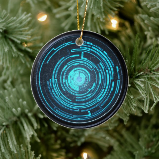 Cyberpunk HUD Neon Blue Tech Ornament (Tree)