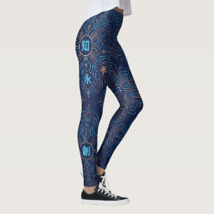 Cyberpunk Japanese Kanji Neon Circuit Pattern Leggings