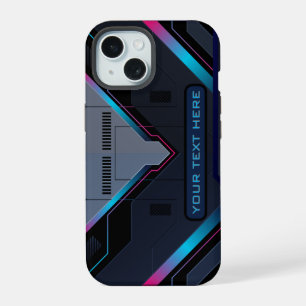 Cyberpunk Mecha Armor Neon Blue Purple Custom Name iPhone 15 Case