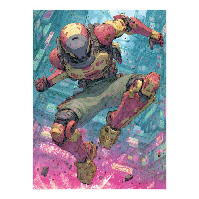 Cyberpunk Mecha Pilot Leap Neon City Action Art Photo Print (Front)