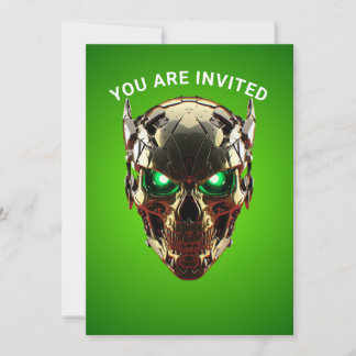 Cyberpunk Mecha Skull Green Neon Gaming Invitation