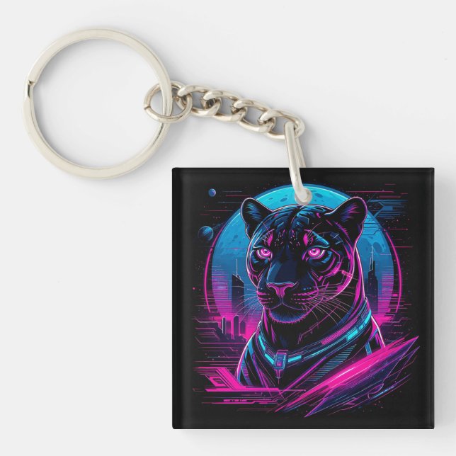 Cyberpunk Neon Black Panther Keychain (Front)