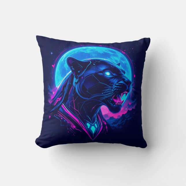 Cyberpunk Neon Black Panther Throw Pillow (Front)
