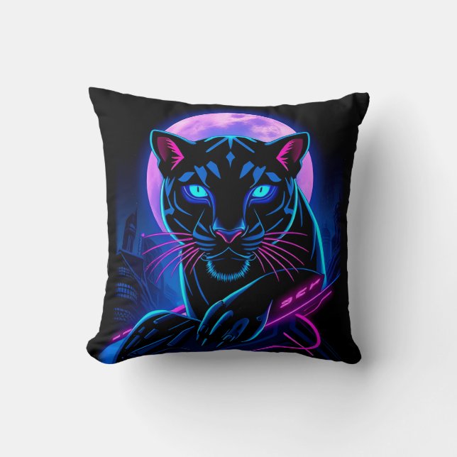 Cyberpunk Neon Black Panther Throw Pillow (Front)