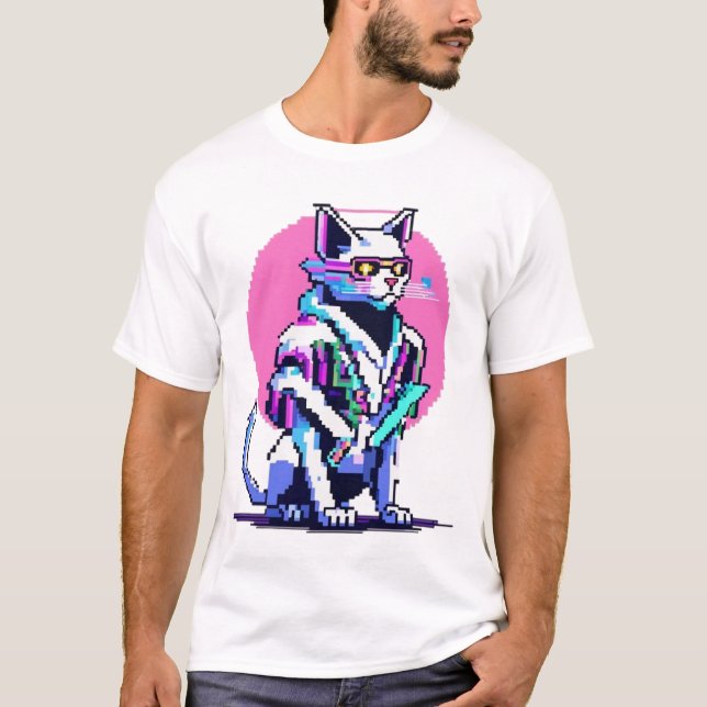 Cyberpunk Neon Cat Blade Master T-Shirt (Front)