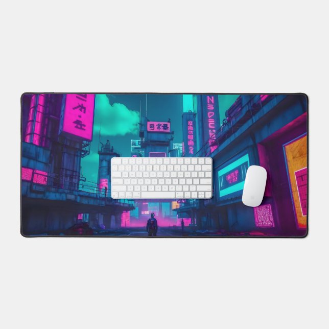 Cyberpunk Neon City Gamer Desk Setup Mat (Keyboard & Mouse)