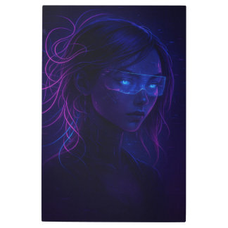 Cyberpunk Neon Girl Portrait – Futuristic Sci-Fi Metal Print