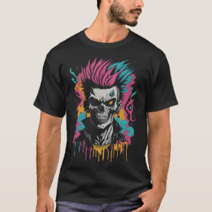 Cyberpunk Neon Punk Rock Mohawk Skull Paint Splatt T-Shirt