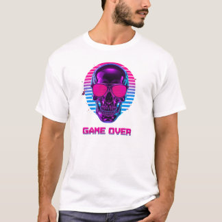 Cyberpunk Neon Skull Game Over T-Shirt in Pink and