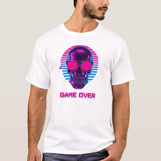 Cyberpunk Neon Skull Game Over T-Shirt in Pink and (Front)