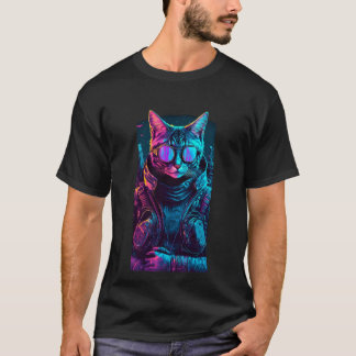 Cyberpunk neon twilight cat glasses soldier black T-Shirt