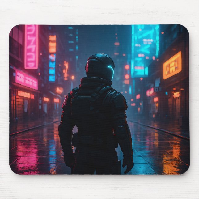Cyberpunk Neon Warrior Mousepad – Futuristic Sci-F (Front)