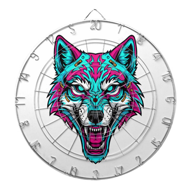 Cyberpunk Neon Wolf - Synthwave Robotic Animal Dart Board (Front)