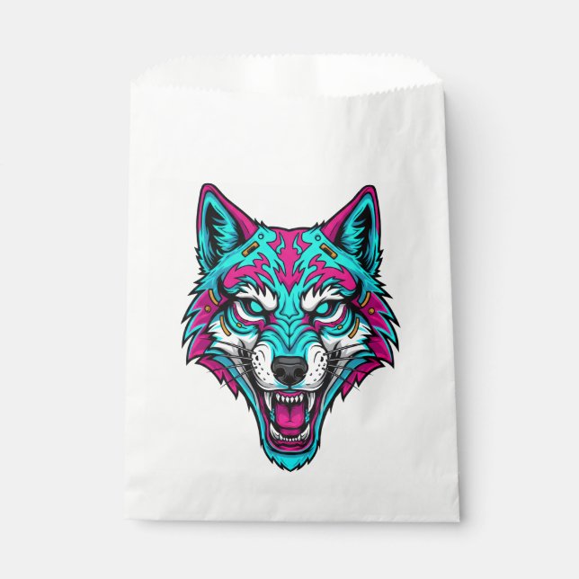 Cyberpunk Neon Wolf - Synthwave Robotic Animal Favor Bag (Front)
