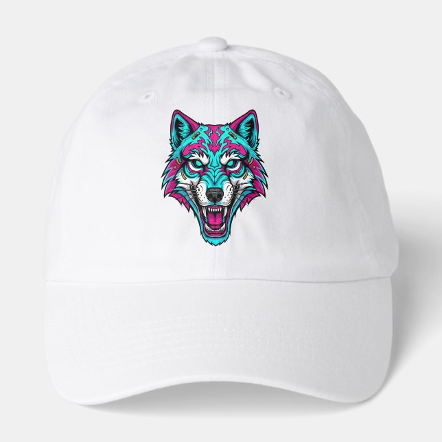 Cyberpunk Neon Wolf - Synthwave Robotic Animal Hat (Front)