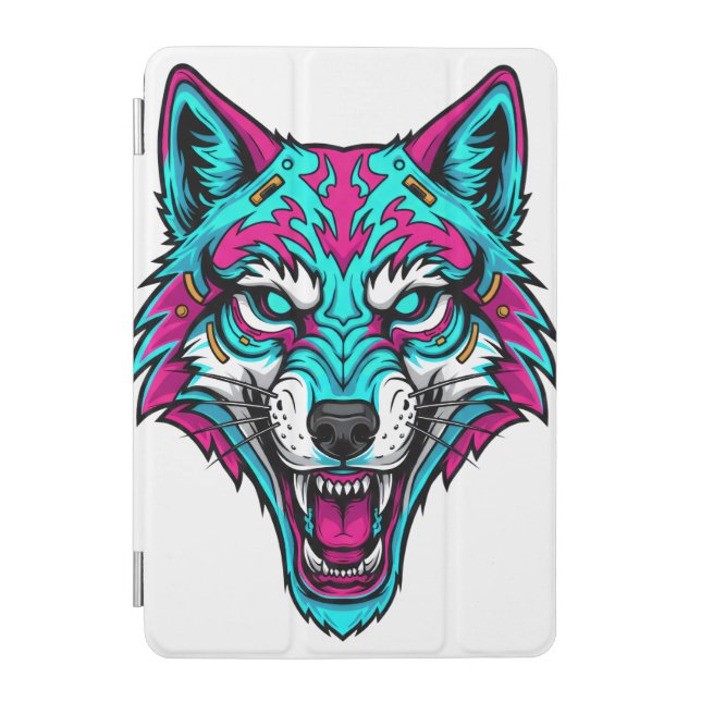 Cyberpunk Neon Wolf - Synthwave Robotic Animal iPad Mini Cover (Front)
