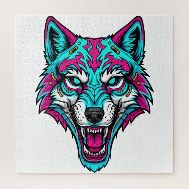 Cyberpunk Neon Wolf - Synthwave Robotic Animal Jigsaw Puzzle (Vertical)