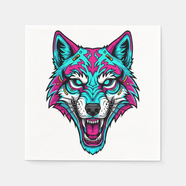 Cyberpunk Neon Wolf - Synthwave Robotic Animal Napkins (Front)