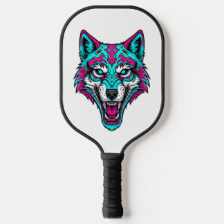 Cyberpunk Neon Wolf - Synthwave Robotic Animal Pickleball Paddle