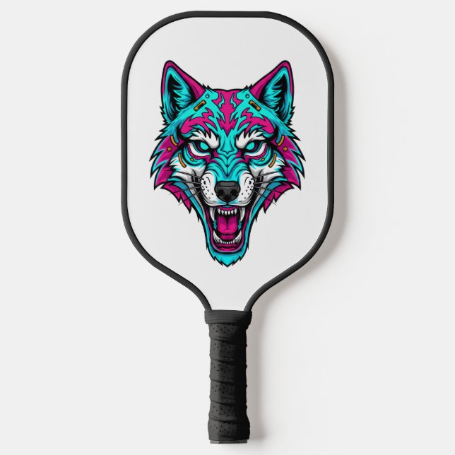 Cyberpunk Neon Wolf - Synthwave Robotic Animal Pickleball Paddle (Front)