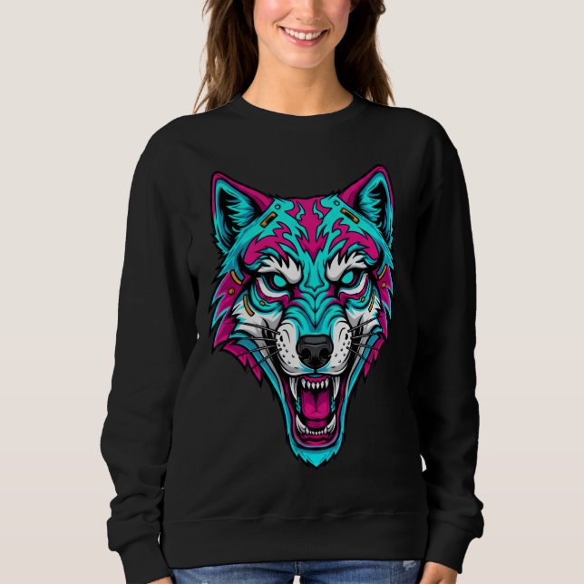 Cyberpunk Neon Wolf - Synthwave Robotic Animal Sweatshirt (Front)