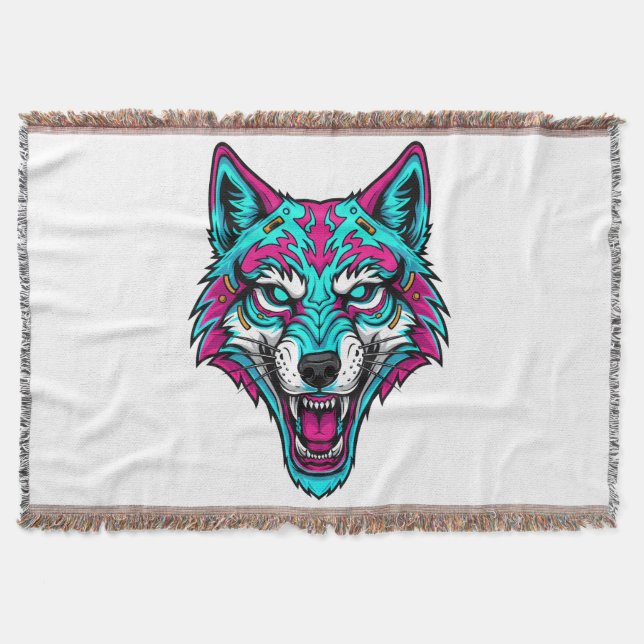 Cyberpunk Neon Wolf - Synthwave Robotic Animal Throw Blanket (Front)