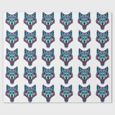 Cyberpunk Neon Wolf - Synthwave Robotic Animal Wrapping Paper