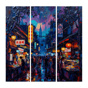 Cyberpunk Night Market Triptych Wall Art