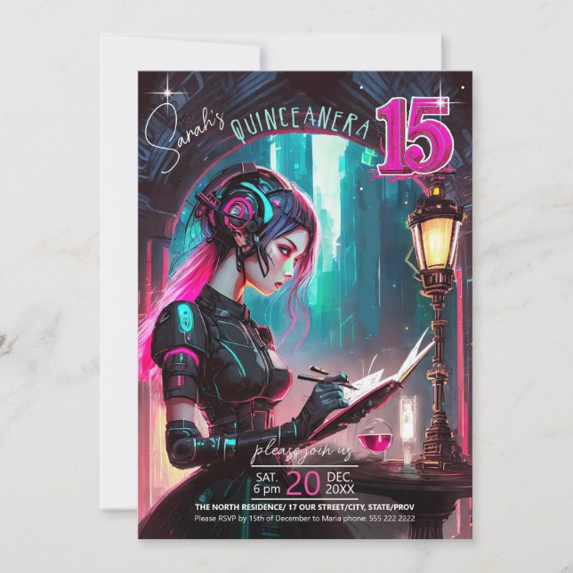 Cyberpunk Quinceanera Hot Pink/Teal ID1027 Invitation (Front)