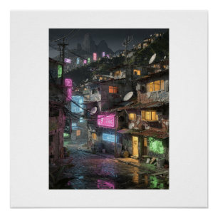 Cyberpunk Rio de Janeiro Night Scene Neon Favela S Poster