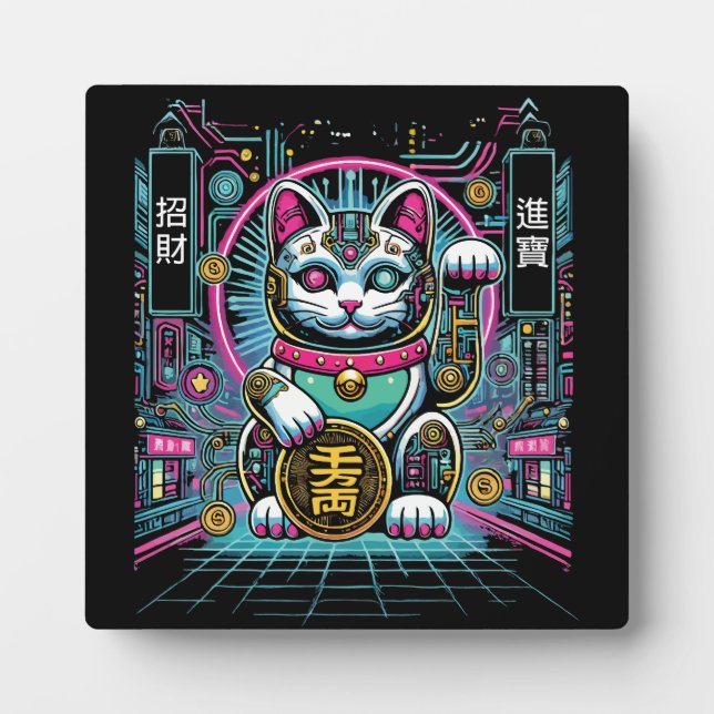 Cyberpunk Robot Maneki Neko Lucky Cat, Money Plaque (Front)