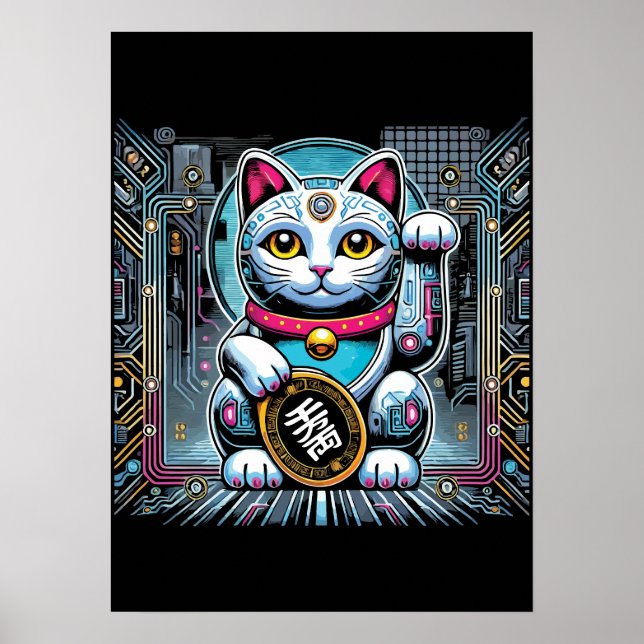 Cyberpunk Robot Maneki Neko Lucky Cat, Money Poster (Front)