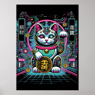Cyberpunk Robot Maneki Neko Lucky Cat, Money Poster