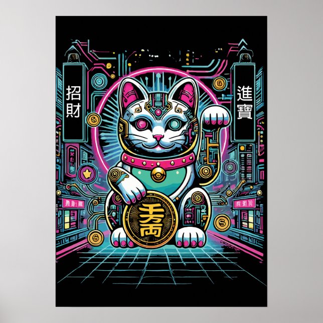 Cyberpunk Robot Maneki Neko Lucky Cat, Money Poster (Front)