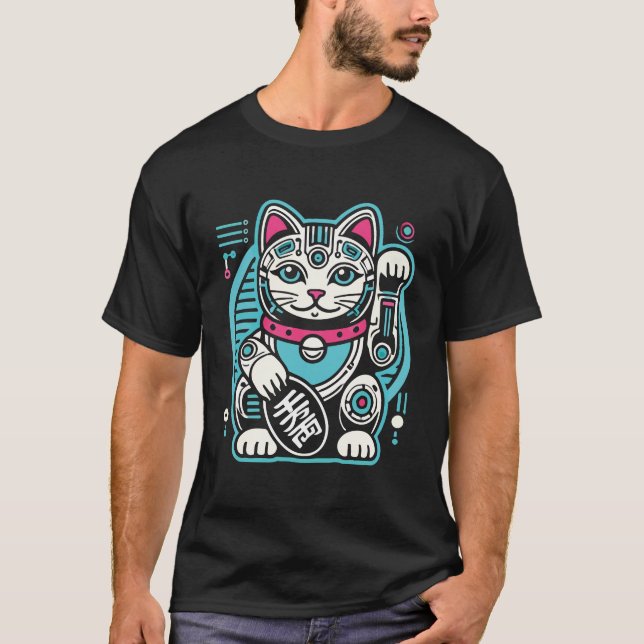 Cyberpunk Robot Maneki Neko Lucky Cat, Money T-Shirt (Front)